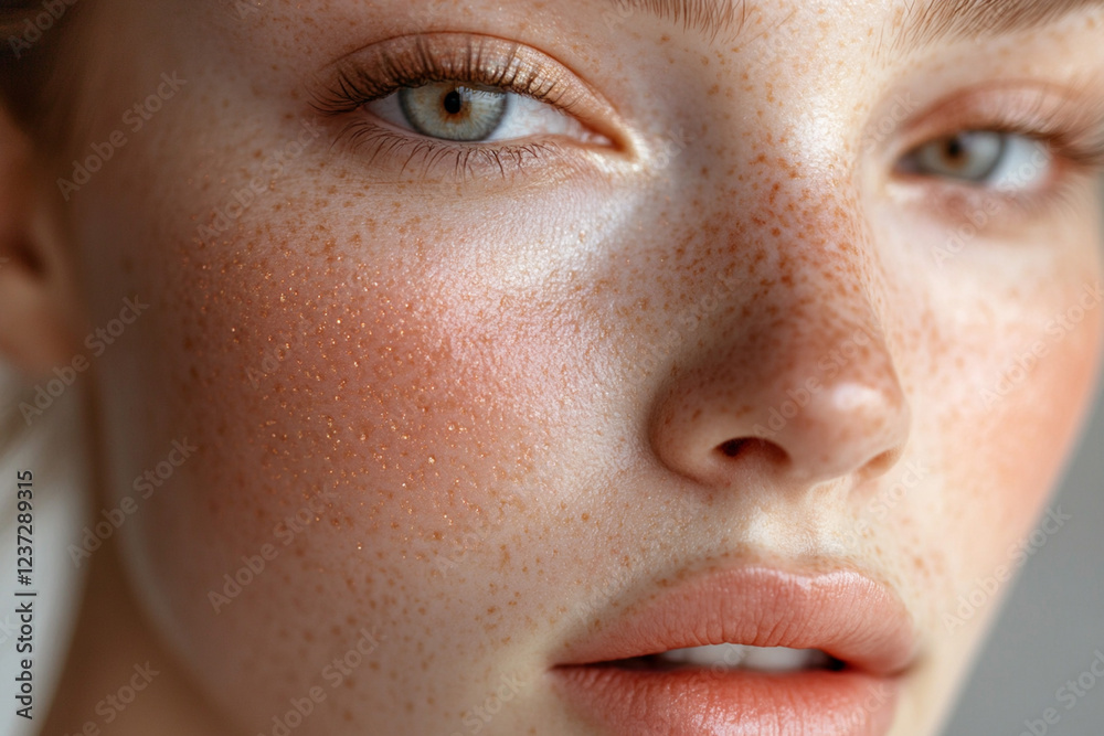 Naklejka premium Close-up of a young woman with freckles showcasing natural beauty and luminous skin in soft lighting