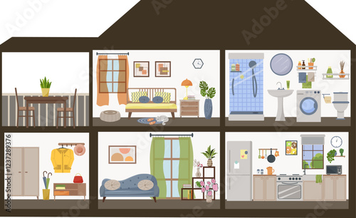 Cottage with furnished rooms. Dollhouse in section. Hallway with wardrobe, cabinet and clothes rack. Living room with sofa and flowers. Kitchen with furniture and utensils. Bathroom with shower and