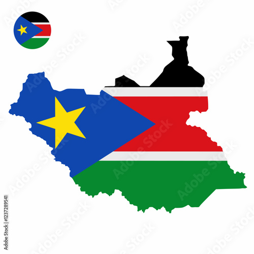 Vector set of South Sudan high detailed map flag and national flag round badge isolated on white background.