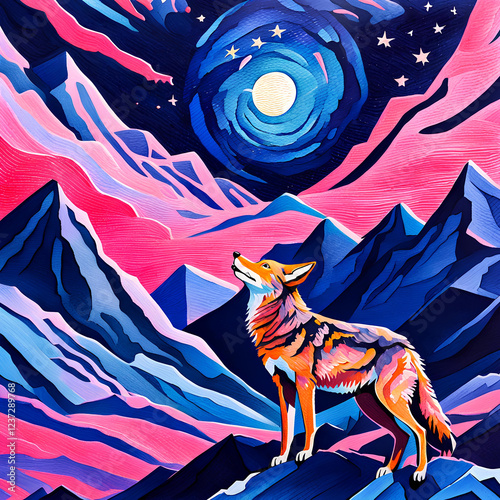 A colored stylized coyote in a dark pastel-colored night mountain environment
