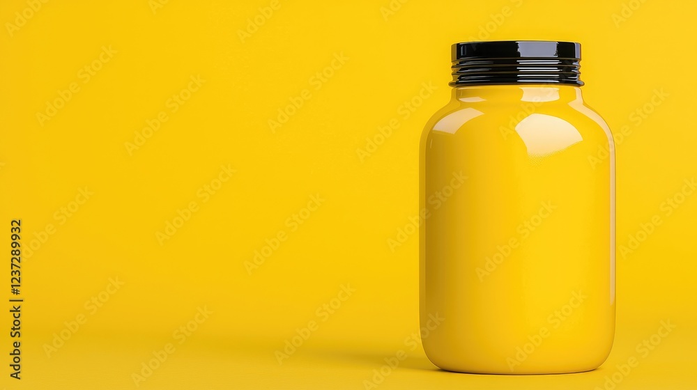 Yellow supplement jar, empty, yellow background, product mockup, health Yellow supplement jar, empty, yellow background, product mockup, health