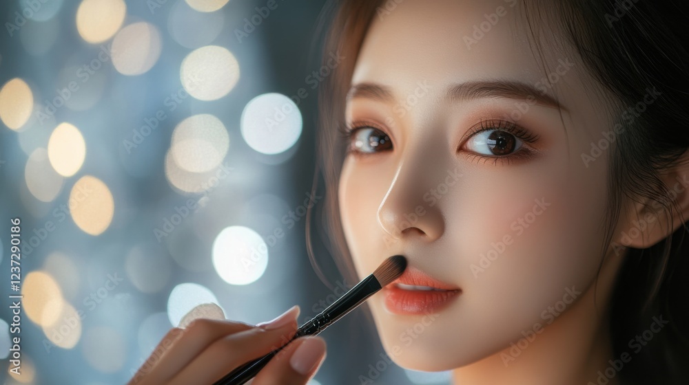 Fototapeta premium Woman applying makeup with brush in soft focus background of sparkling lights