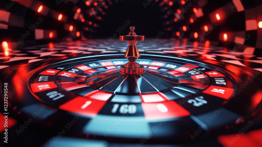 Fototapeta premium Roulette wheel in motion with vibrant red and black lights in a casino setting