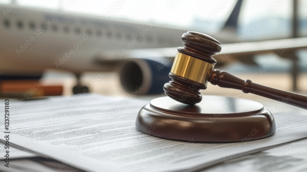 Gavel resting on legal documents with airplane in background at airport Gavel resting on legal documents with airplane in background at airport