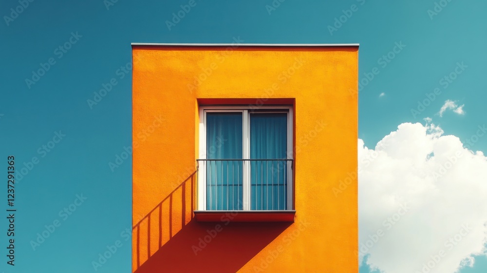 Modern orange building with balcony against blue sky and white cloud in minimalist style