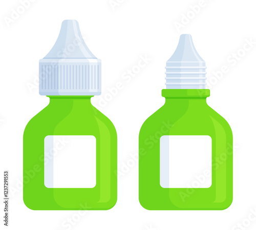 Set of closed and open green medicine dropper bottles. Health, eye drops, ear drops, and medical product mockup concept. Flat vector illustration isolated on white background with copy space