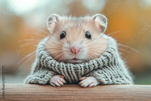 Close-Up of Hamster in Knitted Sweater, Paws Resting on Wooden Table, Staring at Camera photo