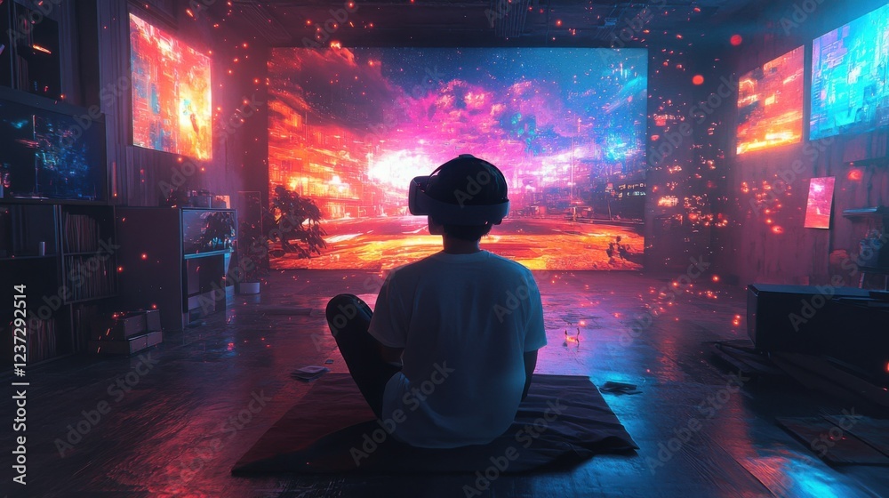 Young man immersed in futuristic virtual reality game with neon lights in dark room Young man immersed in futuristic virtual reality game with neon lights in dark room