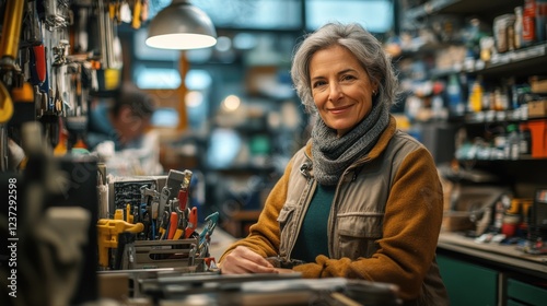 Elderly woman working in a cozy workshop surrounded by tools and supplies