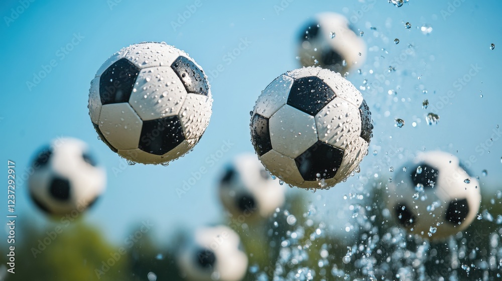 Fototapeta premium Multiple soccer balls in mid-air with water splash against clear blue sky