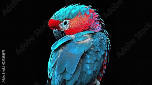 Colorful Parrot on Perch, Vibrant Blue, Red, Green Feathers, Perfect Clarity photo