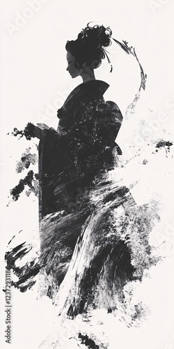 Abstract Brushstroke Art of Geisha, Ink Painting Style Portrait, Black and White, Japanese Culture, Elegant, Zen, Minimalist