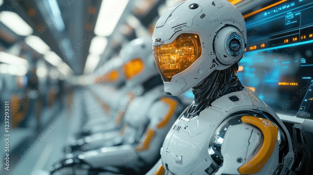 Fototapeta premium Futuristic robots in line with orange visors in high-tech environment, focus on robot closeup