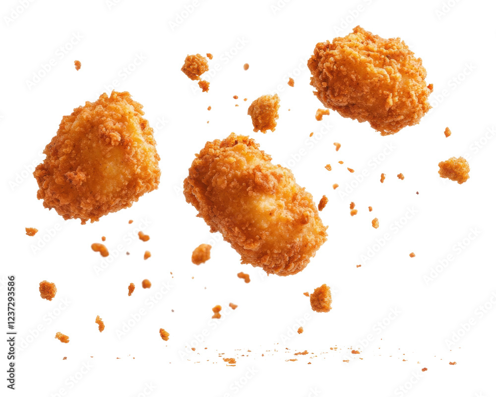 Crispy fried snacks floating in mid-air isolated on transparent background Crispy fried snacks floating in mid-air isolated on transparent background