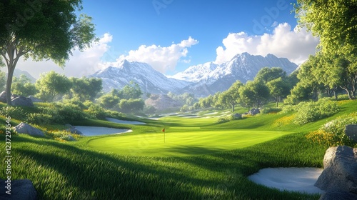 Wallpaper Mural Serene golf course with lush greenery and snow-capped mountains under a clear blue sky Torontodigital.ca