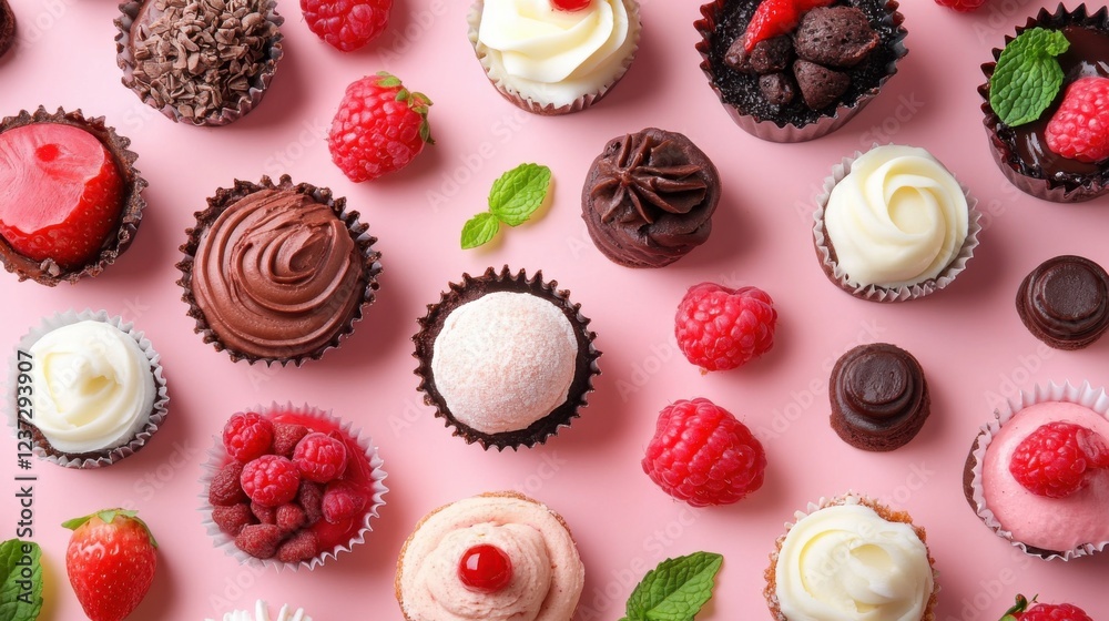 Assorted cupcakes and berries on pink background Assorted cupcakes and berries on pink background