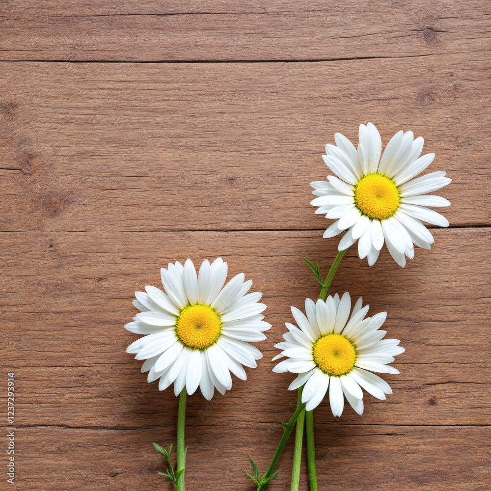 Obraz premium Bright daisy flowers on a rustic wooden background, perfect for nature, spring, and garden-themed designs.
