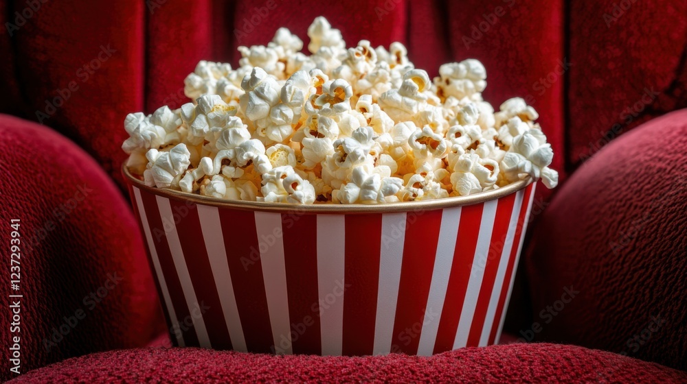 Popcorn in red and white striped bowl on plush red theater seat Popcorn in red and white striped bowl on plush red theater seat