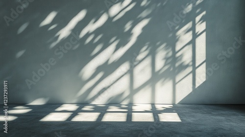 Sunlight streaming through windows casting leafy shadows on a minimalist gray wall