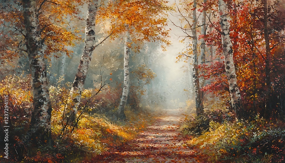 Misty forest path surrounded by autumn trees, blanketed in vibrant fallen leaves, creating a peaceful setting Misty forest path surrounded by autumn trees, blanketed in vibrant fallen leaves, creating a peaceful setting