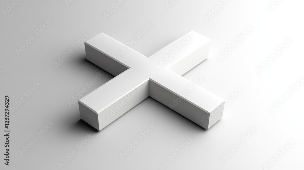 Obraz premium Minimalist white 3d cross on light gray background with subtle shadow