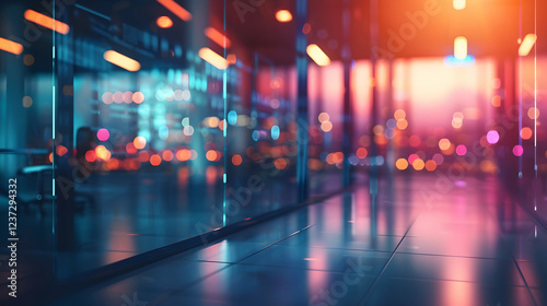 A modern office space with vibrant lighting and reflections, creating a dynamic atmosphere.