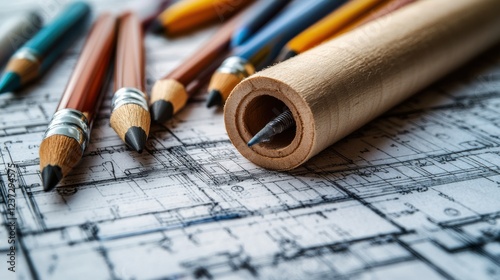 Architectural blueprint with pencils and wooden cylinder