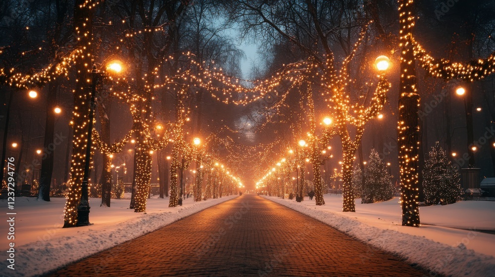 Snowy park path with glowing string lights creating magical winter atmosphere at dusk Snowy park path with glowing string lights creating magical winter atmosphere at dusk