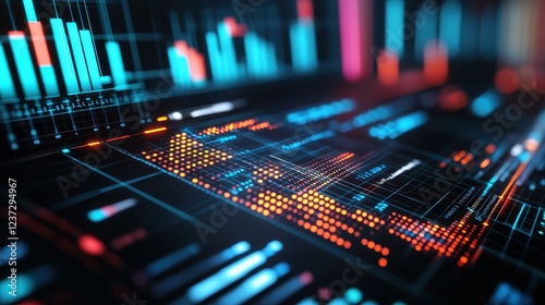 Investment growth, futuristic financial dashboard, 3D illustration.