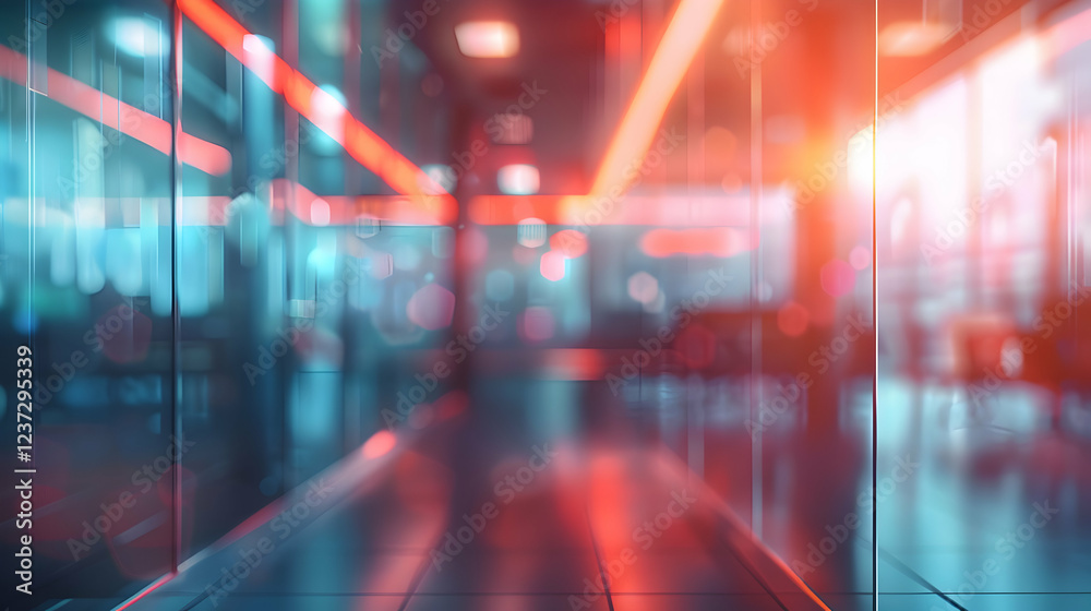 Fototapeta premium A modern, illuminated corridor with vibrant lighting and reflections.