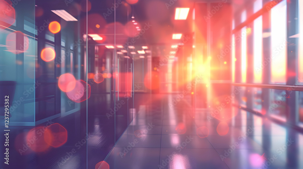 Fototapeta premium A brightly lit corridor with reflections and blurred lights, creating a vibrant atmosphere.