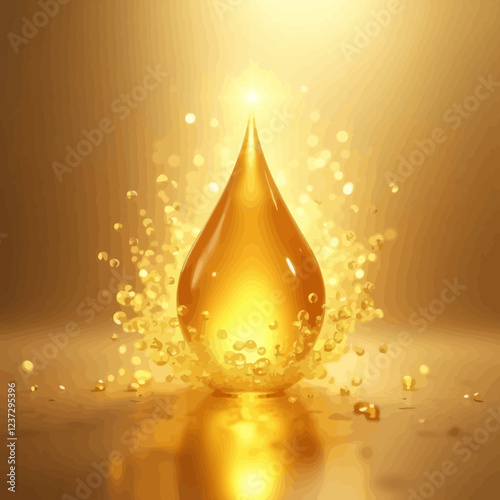 Golden oil drop with magic light energy vortex surrounded by sphere golden droplets. Realistic cosmetic essential oil or omega 3 vitamin advertising element - isolated vector illustration