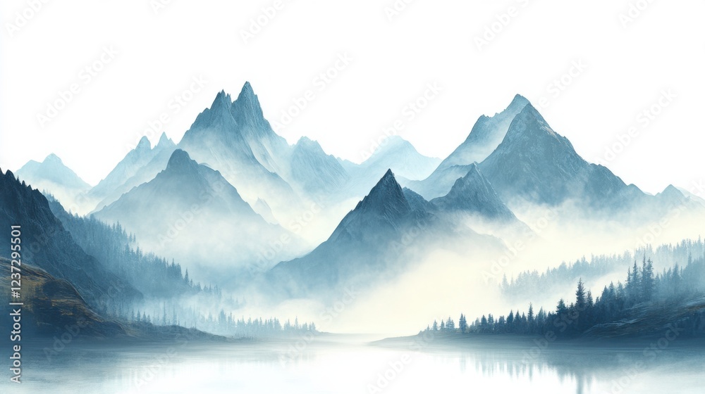 Misty mountain range reflected on serene lake under soft morning light Misty mountain range reflected on serene lake under soft morning light