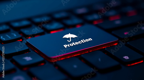A close-up view of a black computer keyboard featuring a prominent key labeled Protection with an umbrella icon, emphasizing digital security measures in technology.