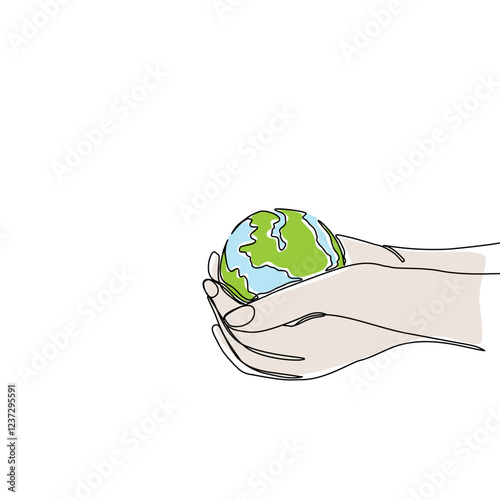 Continuous one line art drawing hands hold Earth globe. Save and protect earth planet linear concept. Vector illustration isolated on white background.