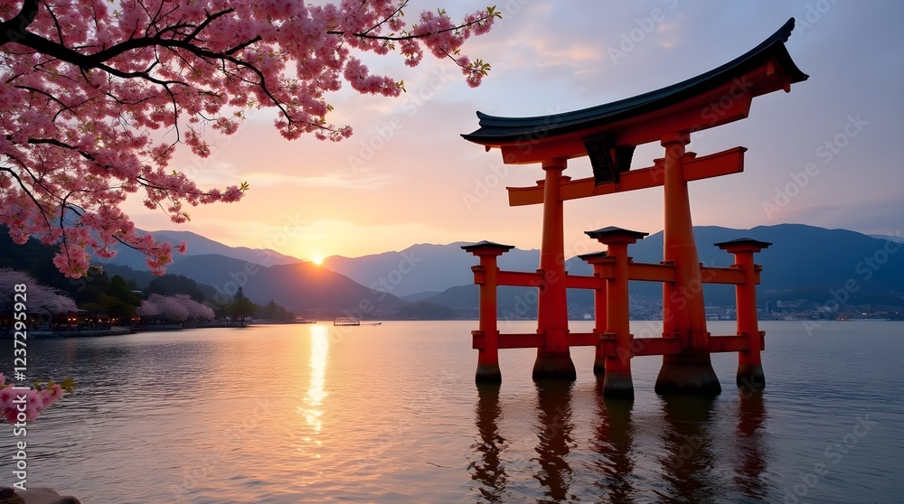 A stunning sunset casts warm colors over a traditional torii gate. Cherry blossoms frame the setting as the water reflects the vibrant hues, creating a serene atmosphere. A stunning sunset casts warm colors over a traditional torii gate. Cherry blossoms frame the setting as the water reflects the vibrant hues, creating a serene atmosphere.