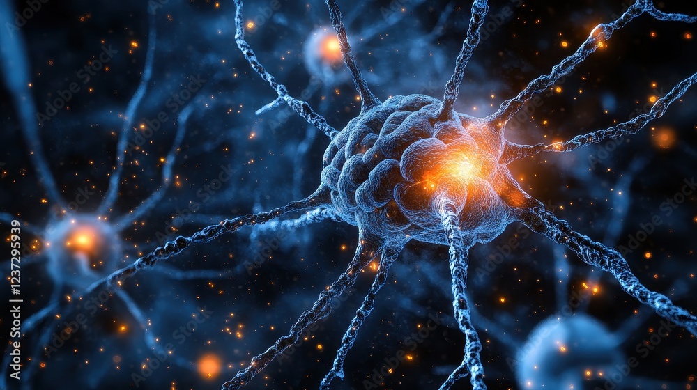 Nervous system, brain and spinal cord highlighted, intricate neuron pathways, 3D illustration. 