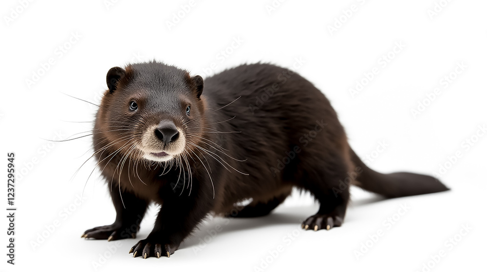 Fototapeta premium The river otter stands on all fours, looking inquisitive with its whiskers prominent.