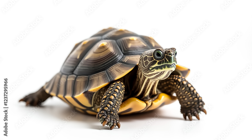 A small turtle crawls across a smooth white surface under warm lighting. Its shell showcases unique patterns, and it appears curious and alert in its surroundings. A small turtle crawls across a smooth white surface under warm lighting. Its shell showcases unique patterns, and it appears curious and alert in its surroundings.