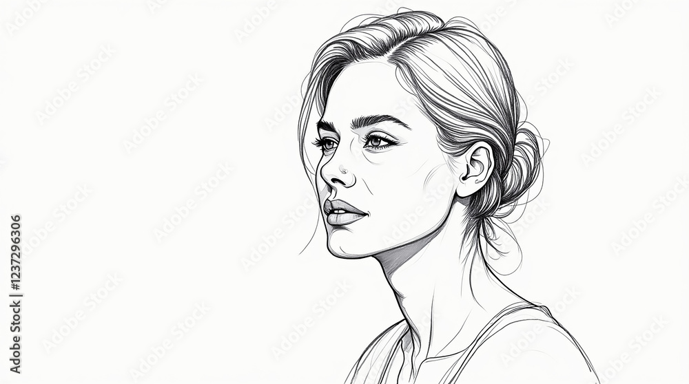 A detailed sketch shows a woman with a serene expression, her hair styled in a bun. The artwork features fine lines that highlight her facial features and elegance, emphasizing her beauty. A detailed sketch shows a woman with a serene expression, her hair styled in a bun. The artwork features fine lines that highlight her facial features and elegance, emphasizing her beauty.