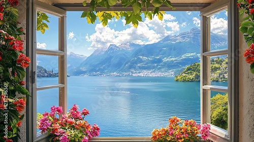Open window framing a breathtaking lake and mountain view, complemented by blooming flowers on the sill