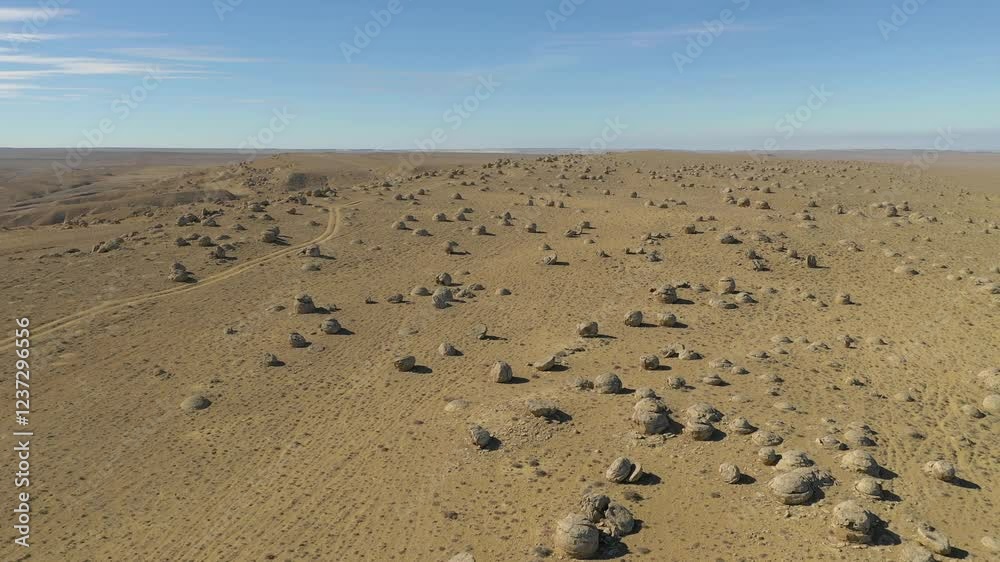 AKTAU, KAZAKHSTAN - FEBRUARY 1, 2025: Expansive desert landscape with scattered boulders under clear blue sky AKTAU, KAZAKHSTAN - FEBRUARY 1, 2025: Expansive desert landscape with scattered boulders under clear blue sky