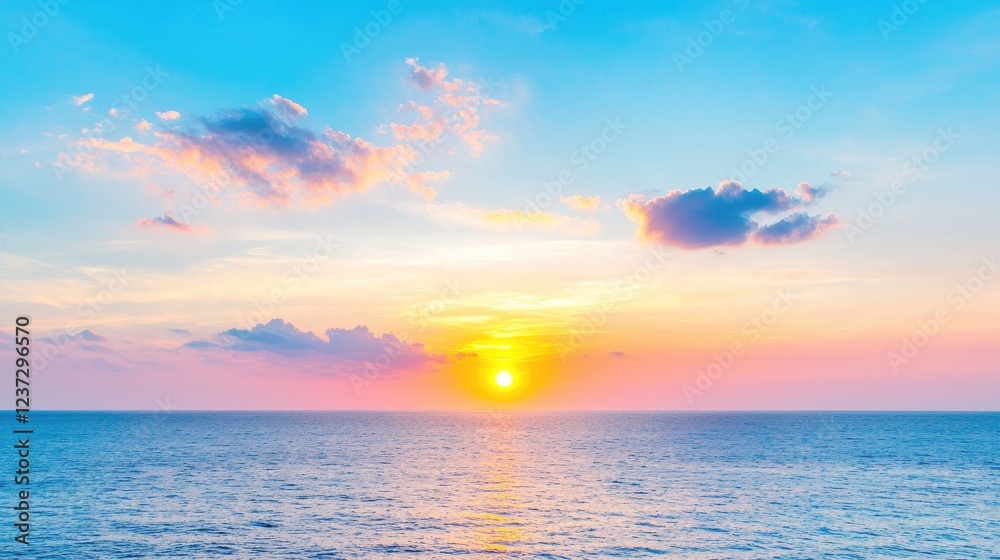 Naklejka premium Ocean sunset, colorful clouds, calm sea, tranquil scene, travel background