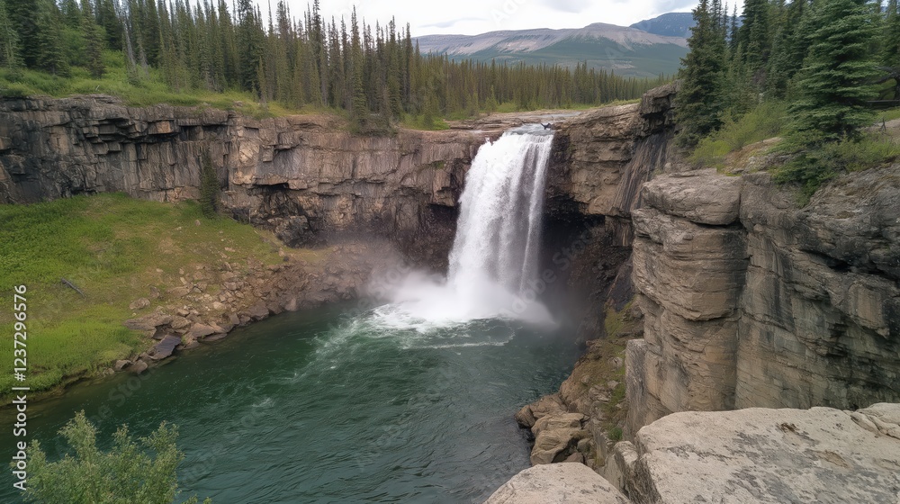 Fototapeta premium Powerful Waterfall Cascading Down Rocky Cliffs into Green Pool