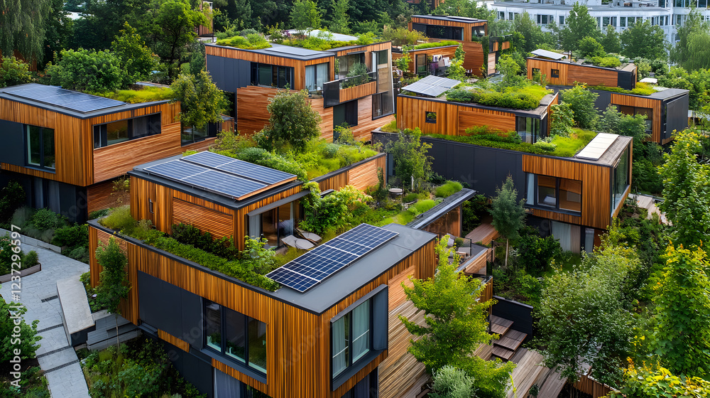 Fototapeta premium Energy-efficient houses with solar panels and green roofs, designed for sustainability and eco-friendly living, surrounded by a natural landscape.