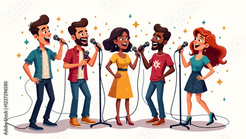 Men and women singing karaoke, holding microphones, cartoon vector illustration isolated on white background. Full length portrait of male and female karaoke singers, competition, party, celebration