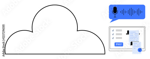 Cloud represents digital storage, voice command icon for transcription, screen displaying online payment processing and data verification. Ideal for cloud computing, fintech, automation, security