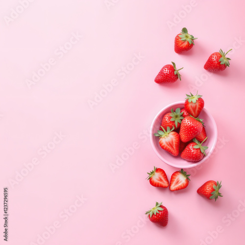 A vibrant strawberry on a soft pastel pink background, perfect for text overlay. Ideal for food blogs, healthy recipes, and summer-themed designs.