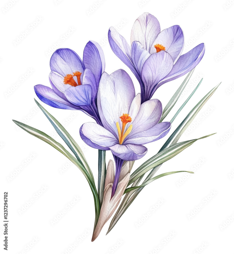 Fototapeta premium Beautiful purple and white crocus flowers in bloom isolated on transparent background