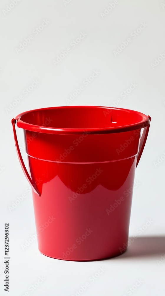 A bold red bucket displayed from a side angle, showcasing its round edges and smooth contours, isolated on a high-contrast white background A bold red bucket displayed from a side angle, showcasing its round edges and smooth contours, isolated on a high-contrast white background